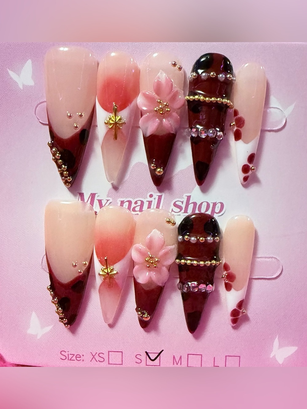 Nude & Burgundy Cherry Blossom Press-On Nails - Women Makeup